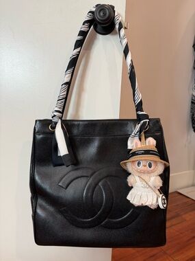 CHANEL Black Quilted CC Caviar Leather Shoulder Tote with Scarf-Wrapped Handles